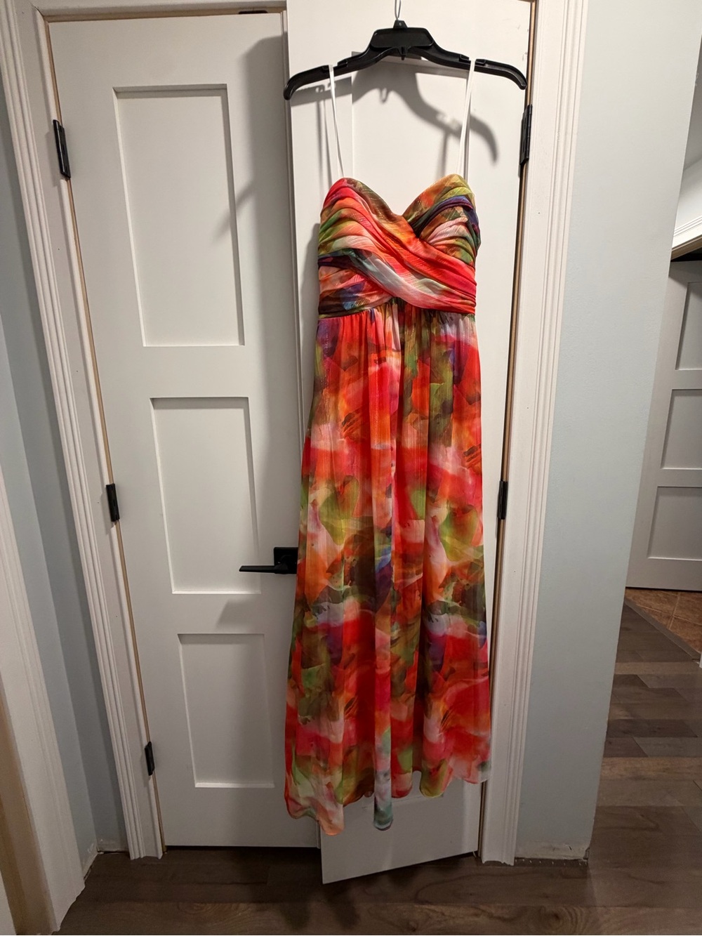 Xscape Strapless Maxi Dress in Red, Green, Orange, Purple